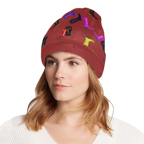 Colorful Cowboy Boots on Red All Over Print Beanie for Adults