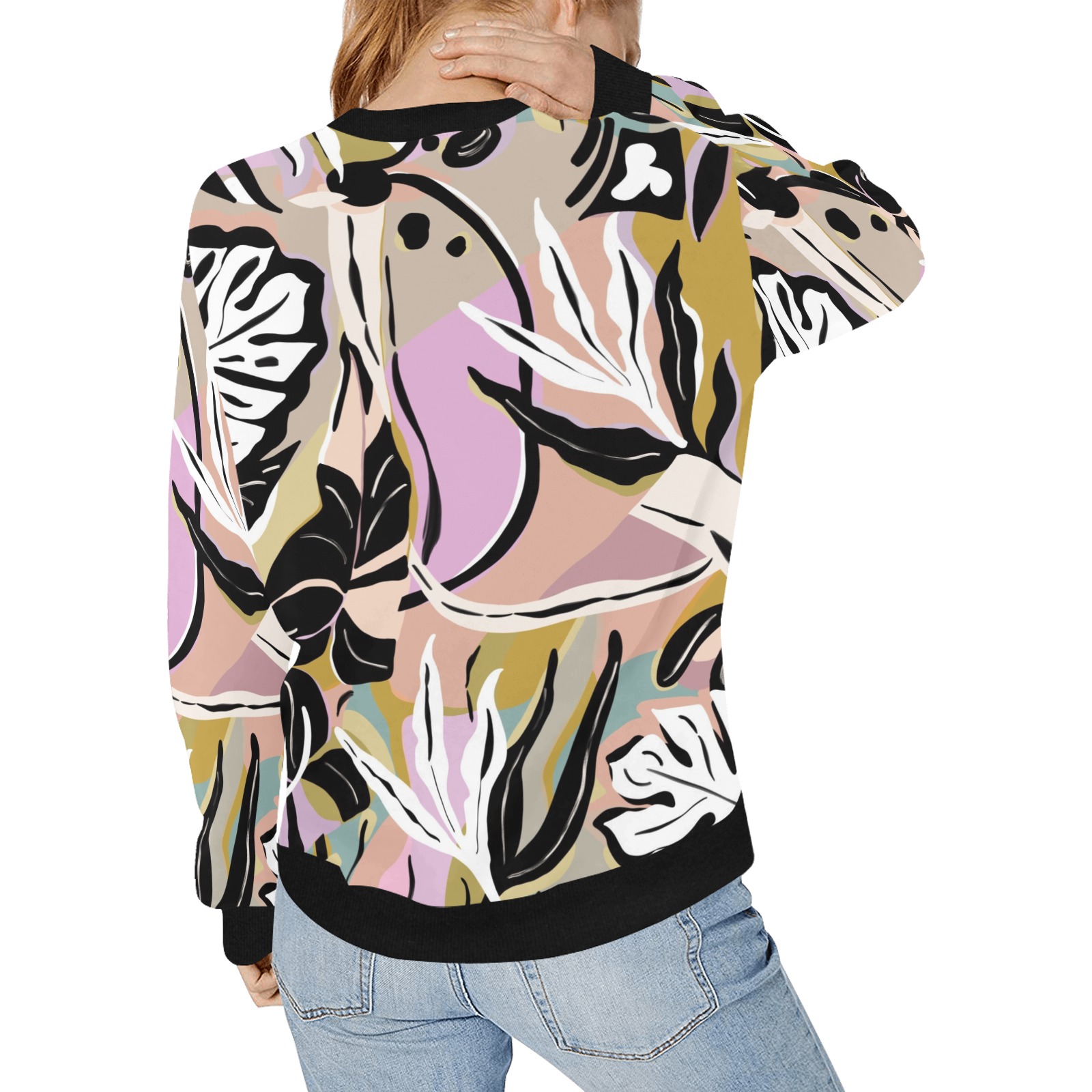 Tropical modern simple graphic Women's Rib Cuff Crew Neck Sweatshirt (Model H34)