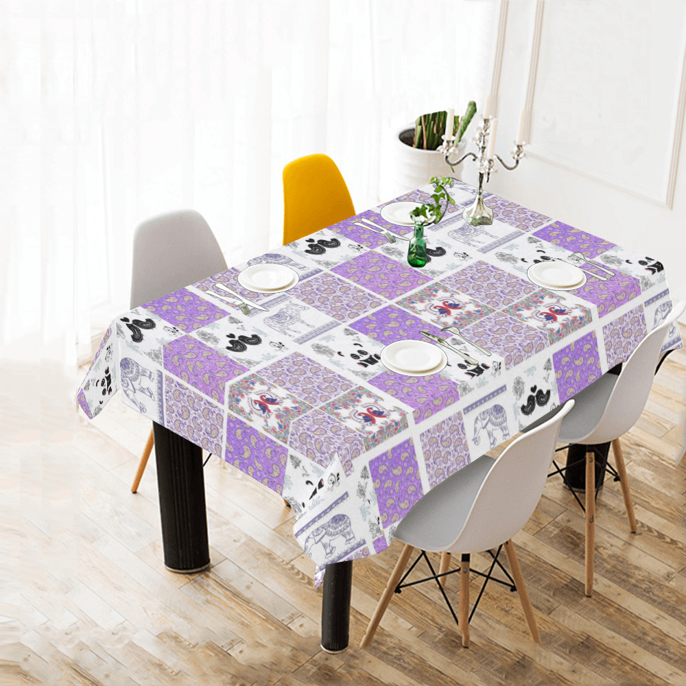 Purple Paisley Birds and Animals Patchwork Design Cotton Linen Tablecloth 60" x 90"