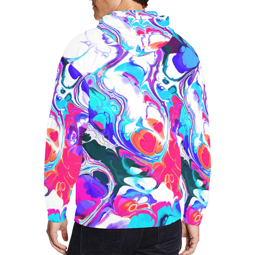 Blue White Pink Liquid Flowing Marbled Ink Abstract All Over Print Full Zip Hoodie for Men (Model H14)