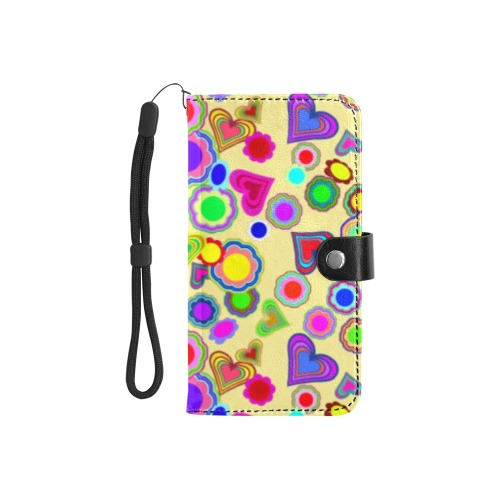 Groovy Hearts and Flowers Yellow Flip Leather Purse for Mobile Phone/Small (Model 1704)