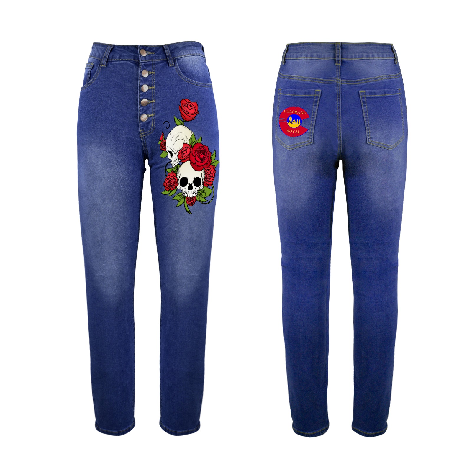 Skully Rose Colorado Royal Women's Jeans (Front&Back Printing)