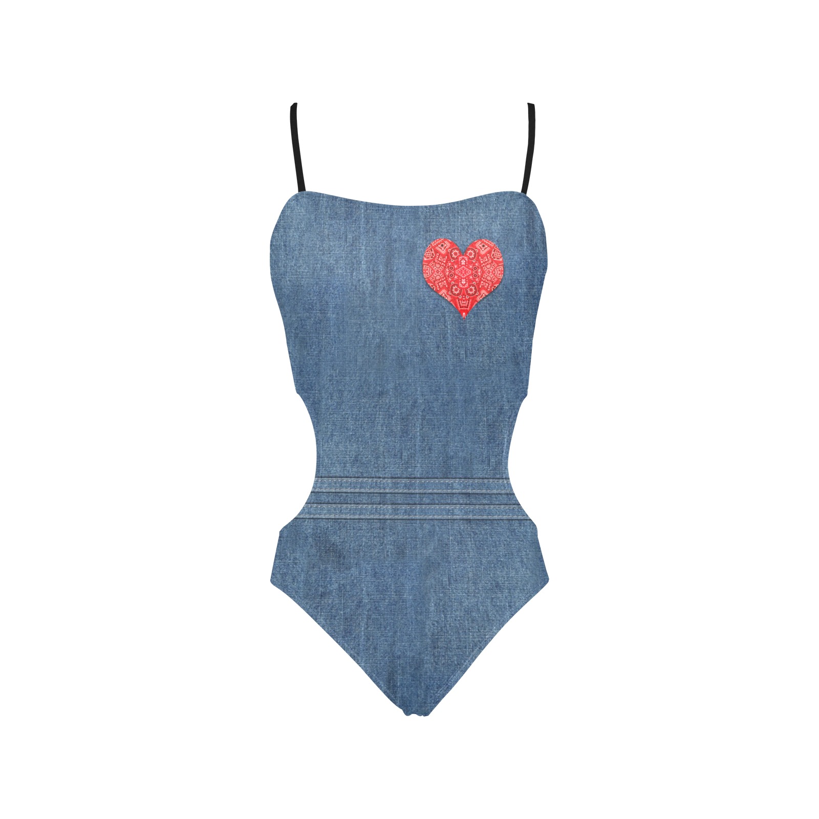 Bandana Heart on Denim-Look Spaghetti Strap Cut Out Sides Swimsuit (Model S28)