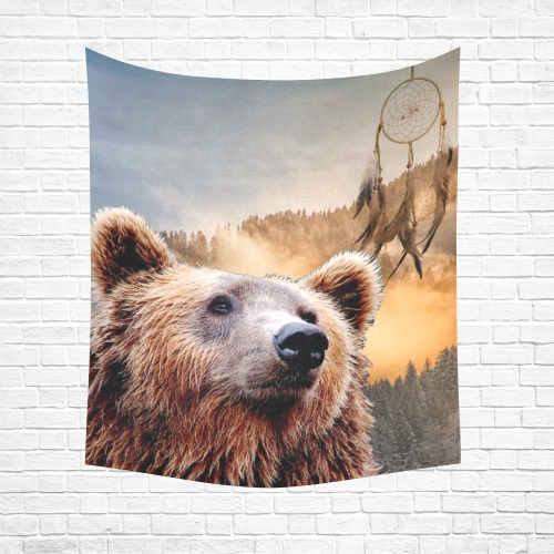 Brown Bear and Dream Catcher Cotton Linen Wall Tapestry 51"x 60"