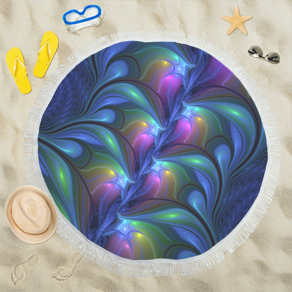 Colorful Luminous Abstract Blue Pink Green Fractal Circular Beach Shawl 59"x 59"