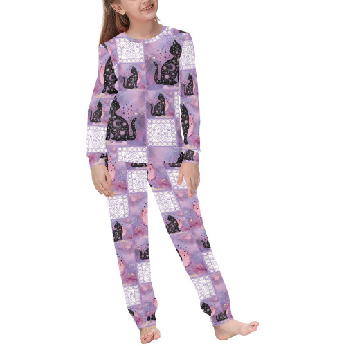 Purple Cosmic Cats Patchwork Pattern Kids' All Over Print Pajama Set