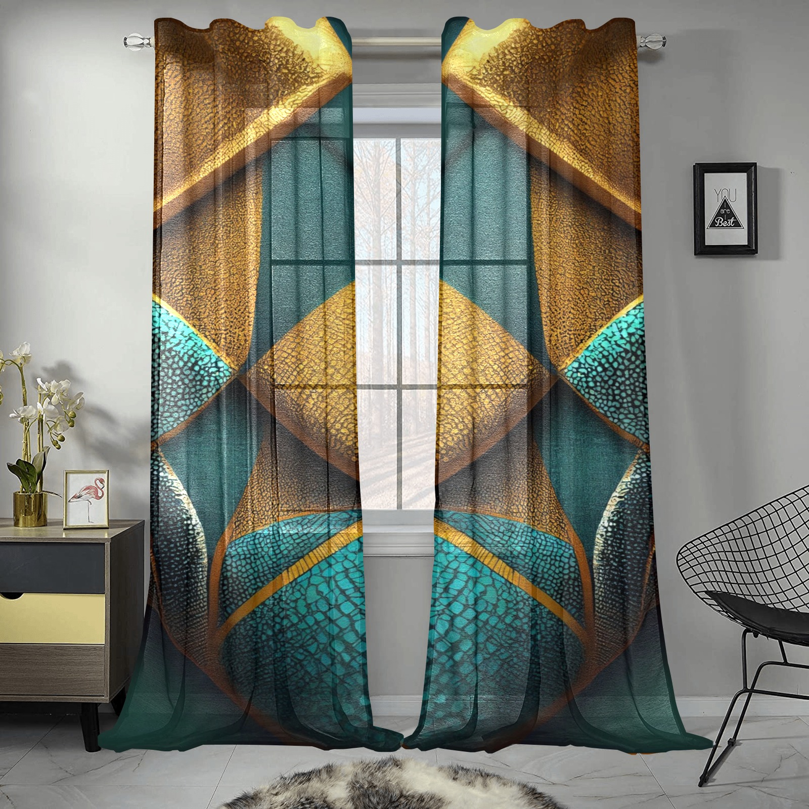 turquoise and gold abstract pattern Gauze Curtain 28"x95" (Two-Piece)