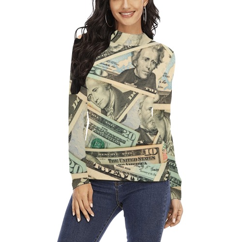 US PAPER CURRENCY Women's All Over Print Mock Neck Sweatshirt (Model H43)