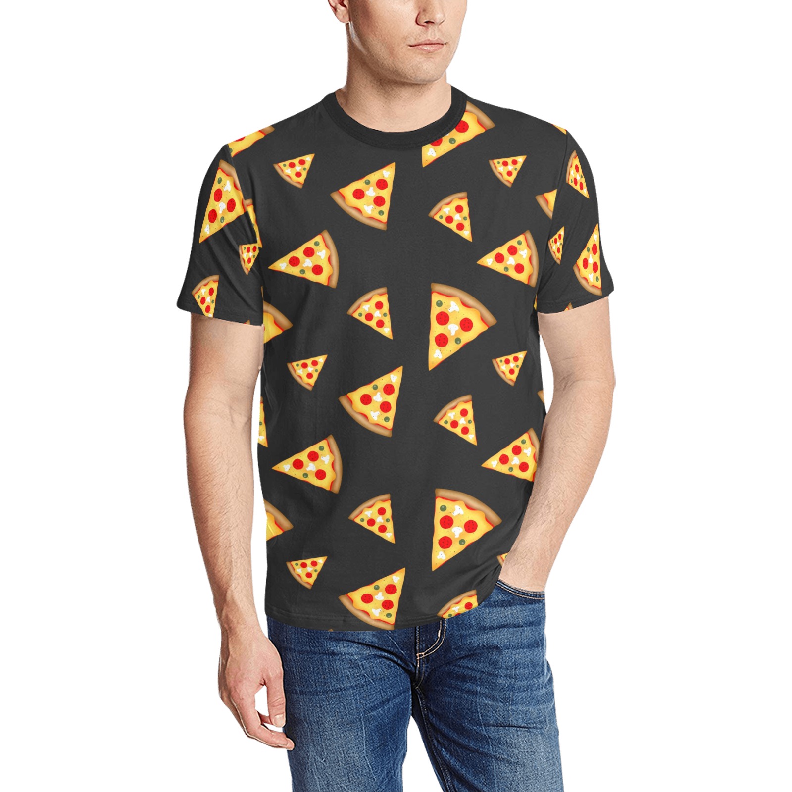 Cool and fun pizza slices pattern dark gray Men's All Over Print T-Shirt (Solid Color Neck) (Model T63)