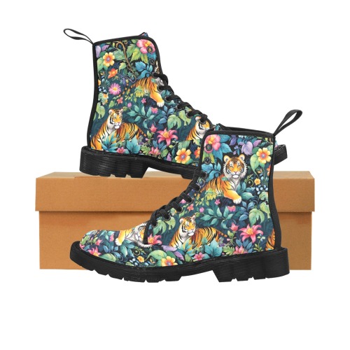 Jungle Tigers and Tropical Flowers Martin Boots for Women (Black) (Model 1203H)