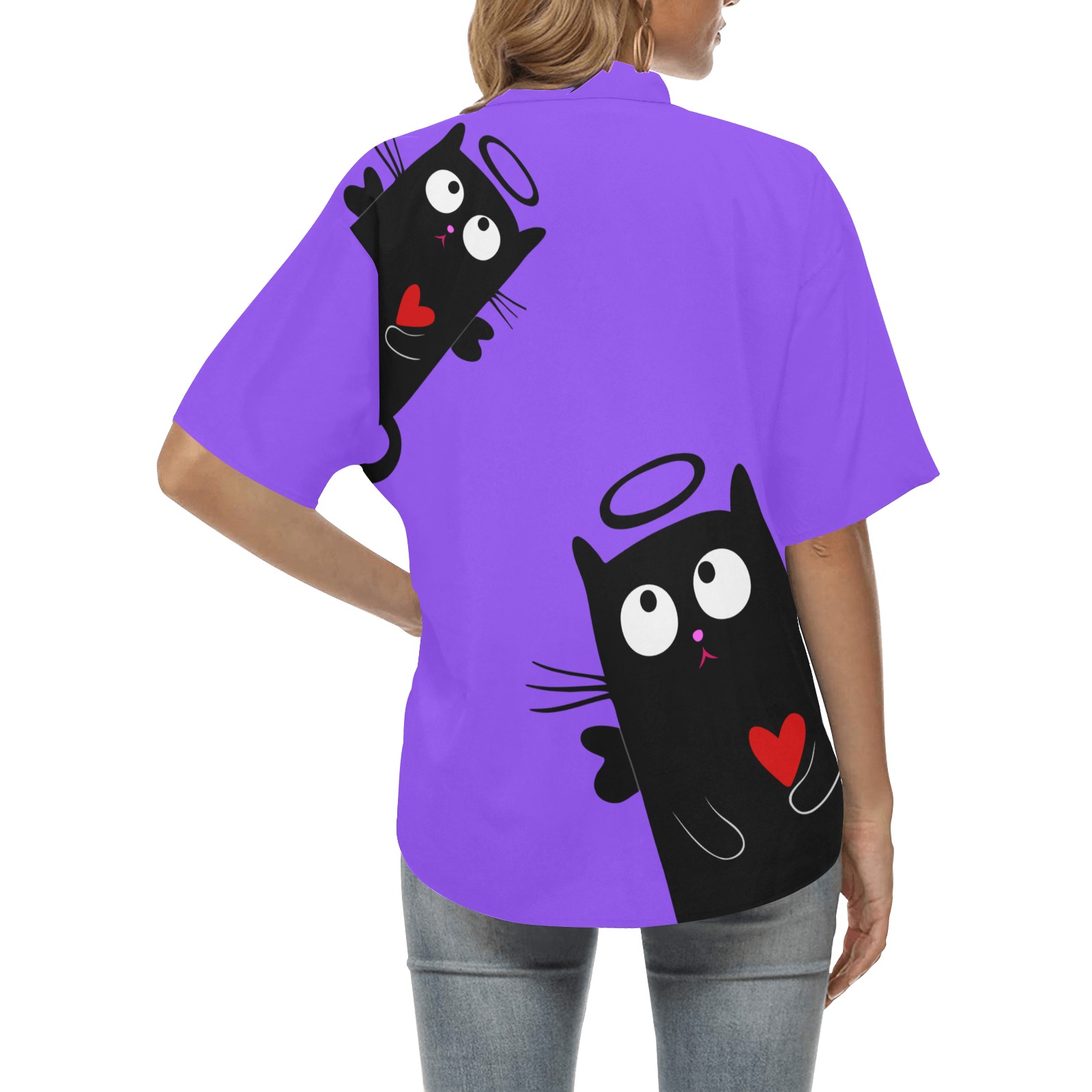 Angelic Cat on Purple All Over Print Hawaiian Shirt for Women (Model T58)
