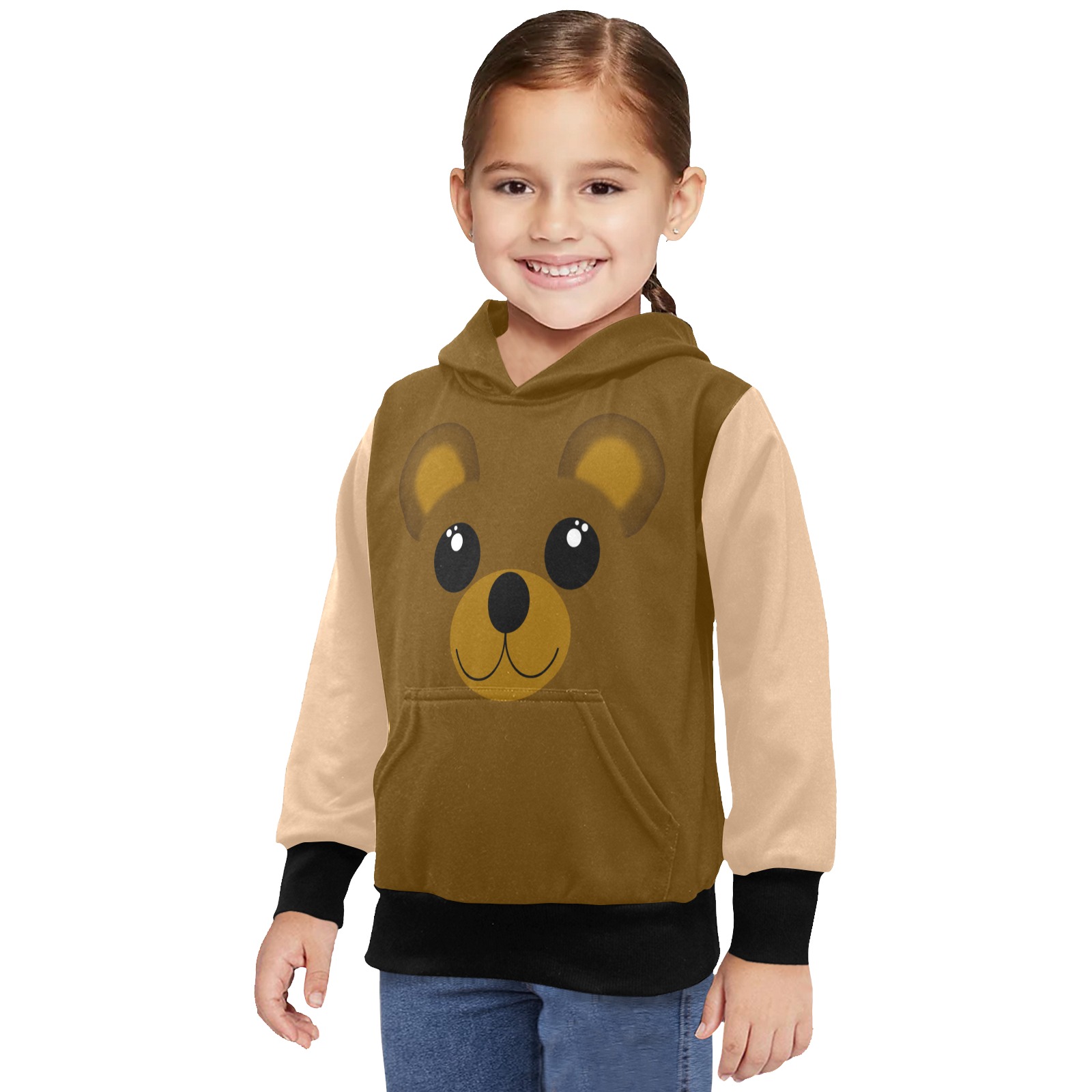 Kawaii Brown Bear / Tan Little Girls' Long Sleeve Hoodie (Model H57)