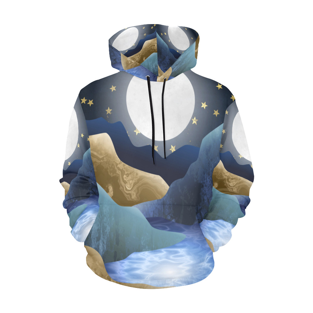 Moonlight Mountain Valley Stream All Over Print Hoodie for Men (USA Size) (Model H13)