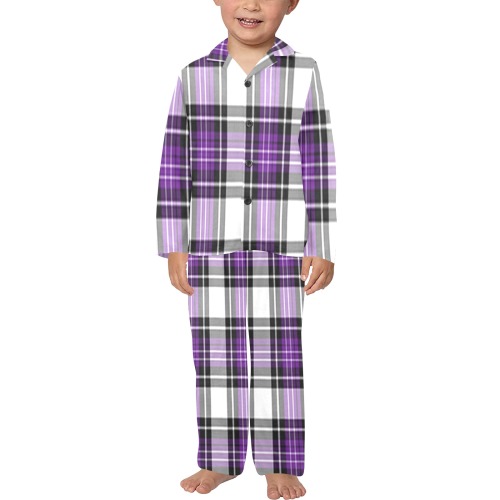 Purple Black Plaid Little Boys' V-Neck Long Pajama Set (Sets 02)