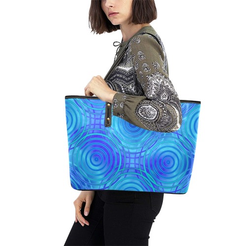 Blue Concentric Circles Chic Leather Tote Bag (Model 1709)