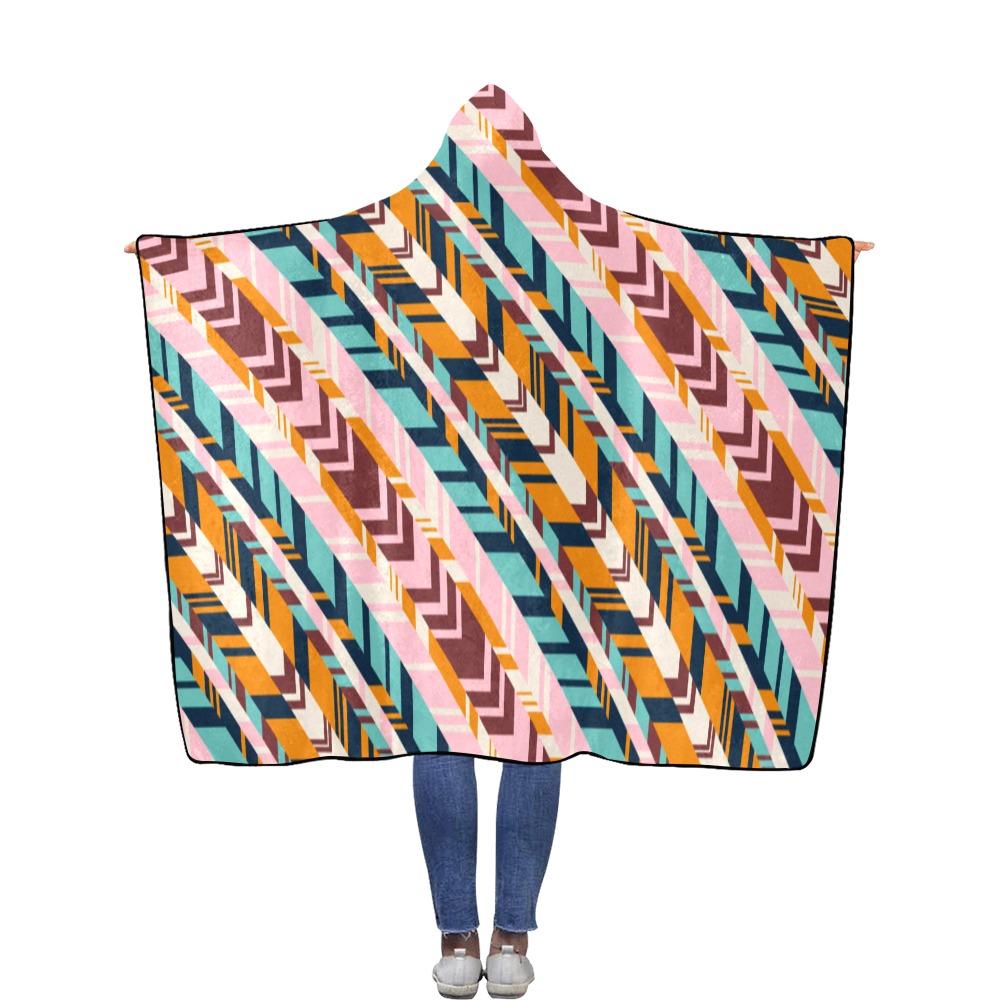 Linear tribe colorful Flannel Hooded Blanket 56''x80''