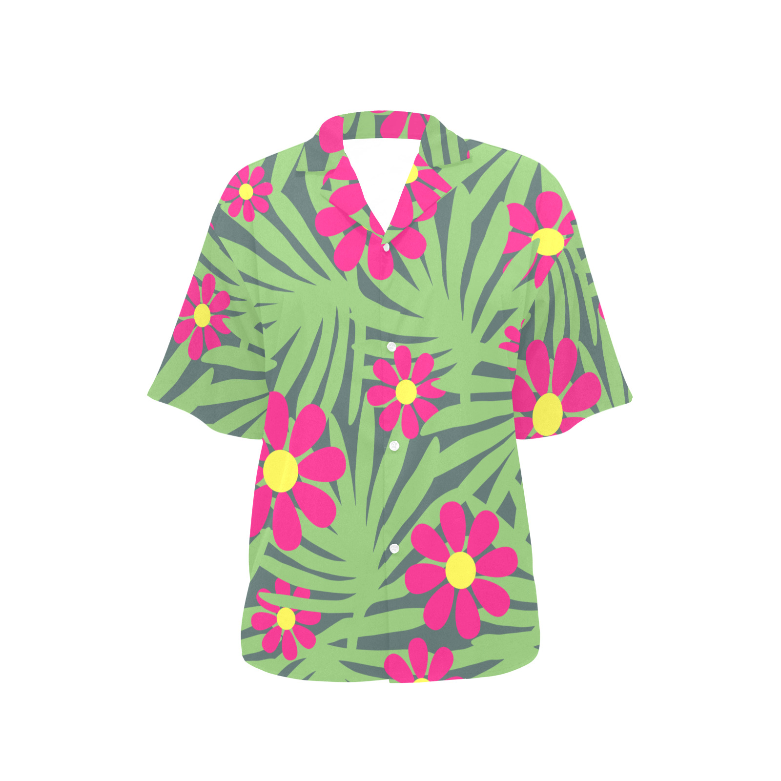 Pink Exotic Paradise Jungle Flowers and Leaves All Over Print Hawaiian Shirt for Women (Model T58)