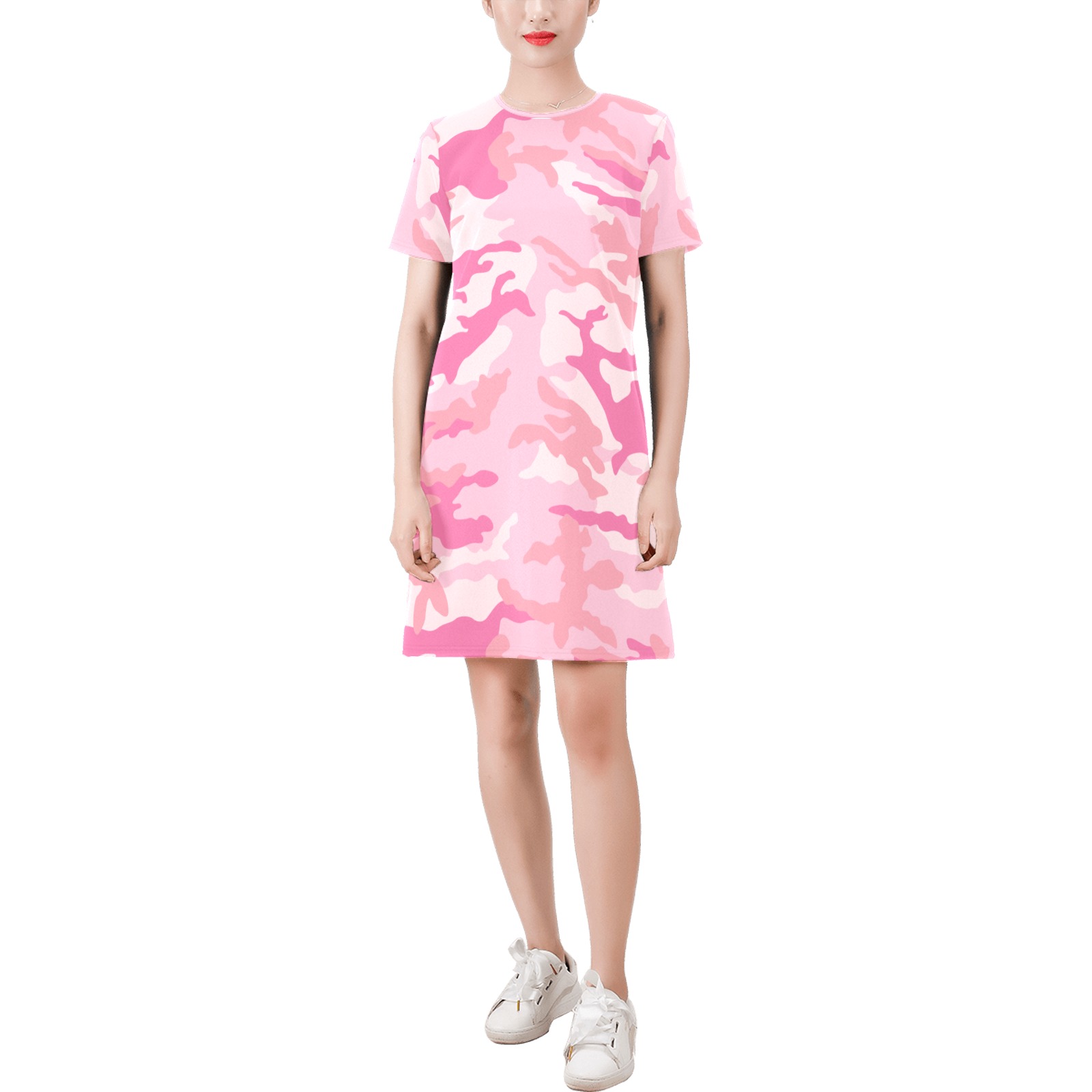 girlie-pink-ERDL Short-Sleeve Round Neck A-Line Dress (Model D47)