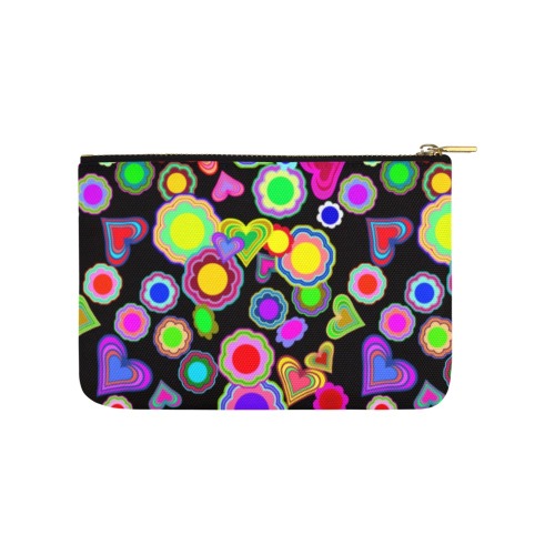 Groovy Hearts and Flowers Black Carry-All Pouch 9.5''x6''