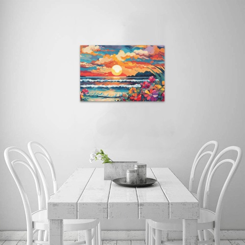 Setting sun, ocean waves, chic tropical flowers. Upgraded Canvas Print 18"x12"