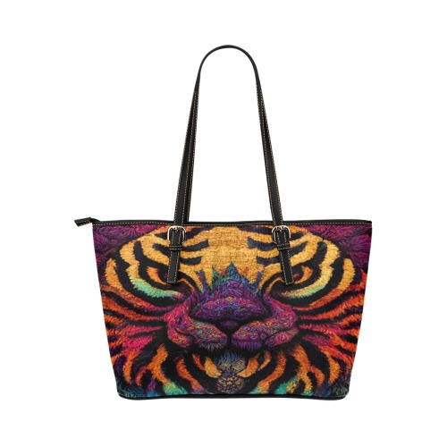 psychedelic tiger print Leather Tote Bag/Large (Model 1651)
