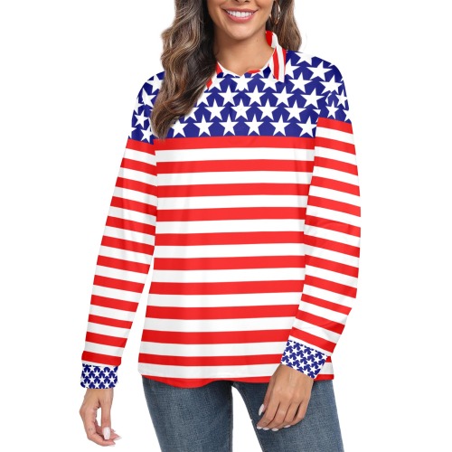 USA Stars and Stripes Patriotic Women's Long Sleeve Polo Shirt (Model T73)