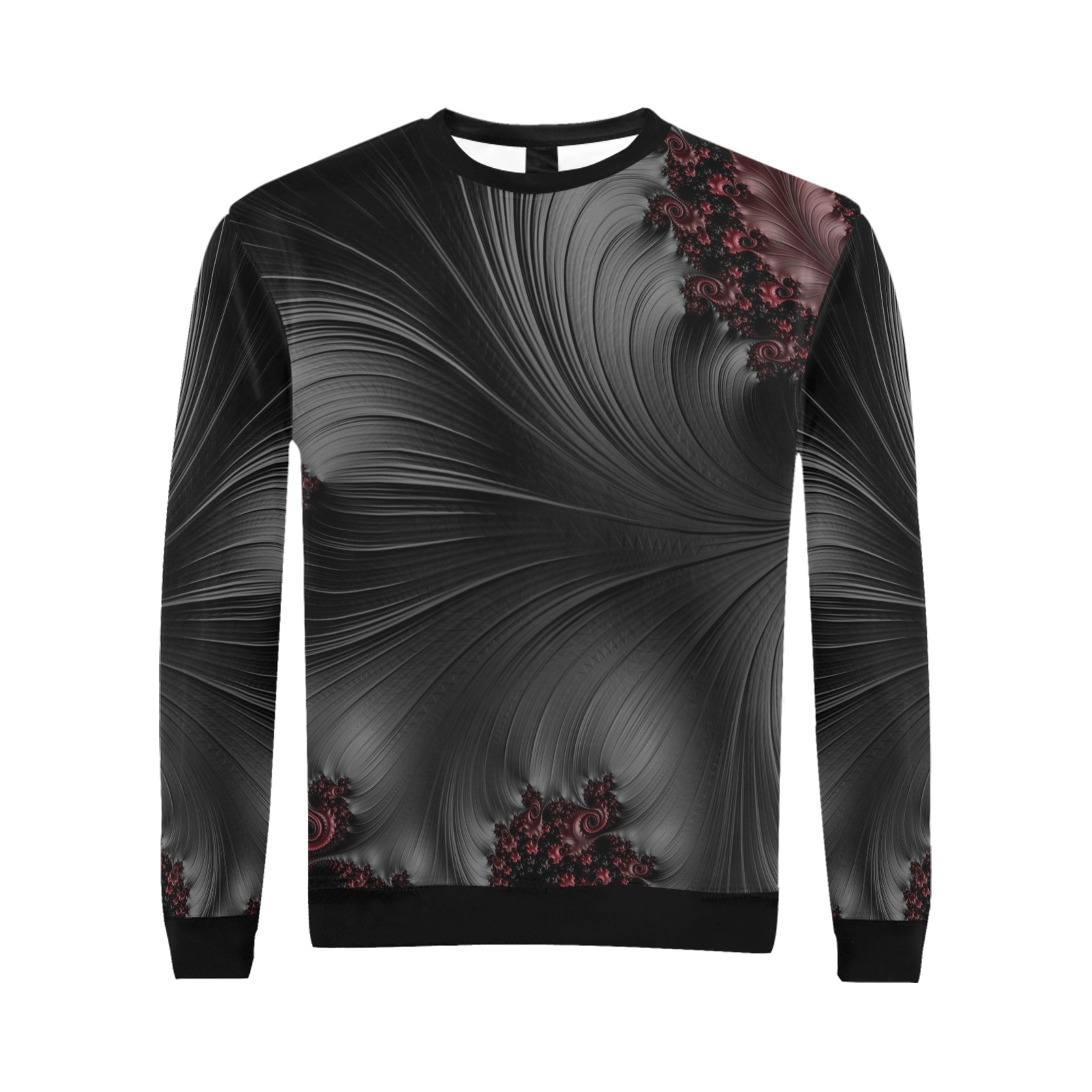 Black and Maroon Fern Fronds Fractal Abstract All Over Print Crewneck Sweatshirt for Men (Model H18)