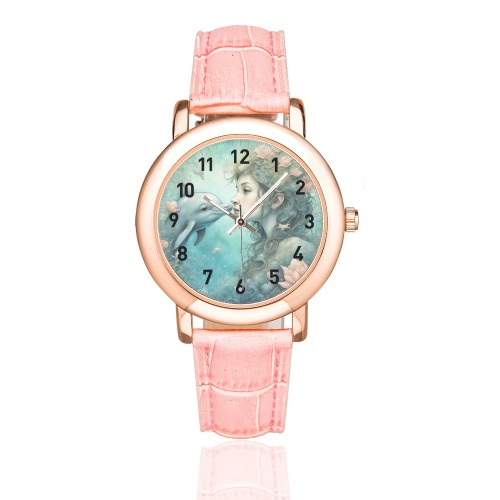 Dolphin Fantasy 3 Women's Rose Gold Leather Strap Watch(Model 201)
