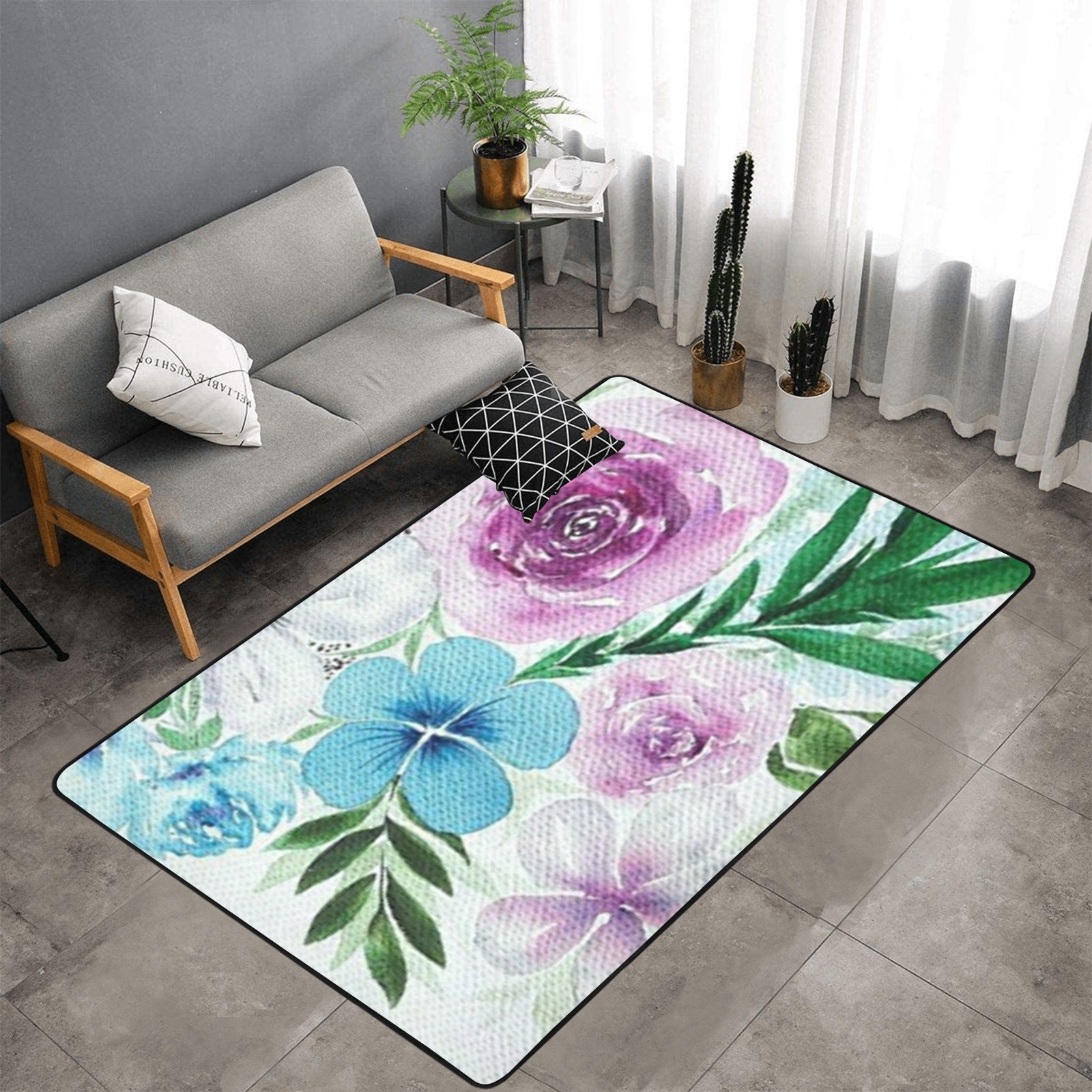 floral Area Rug with Black Binding 7'x5'