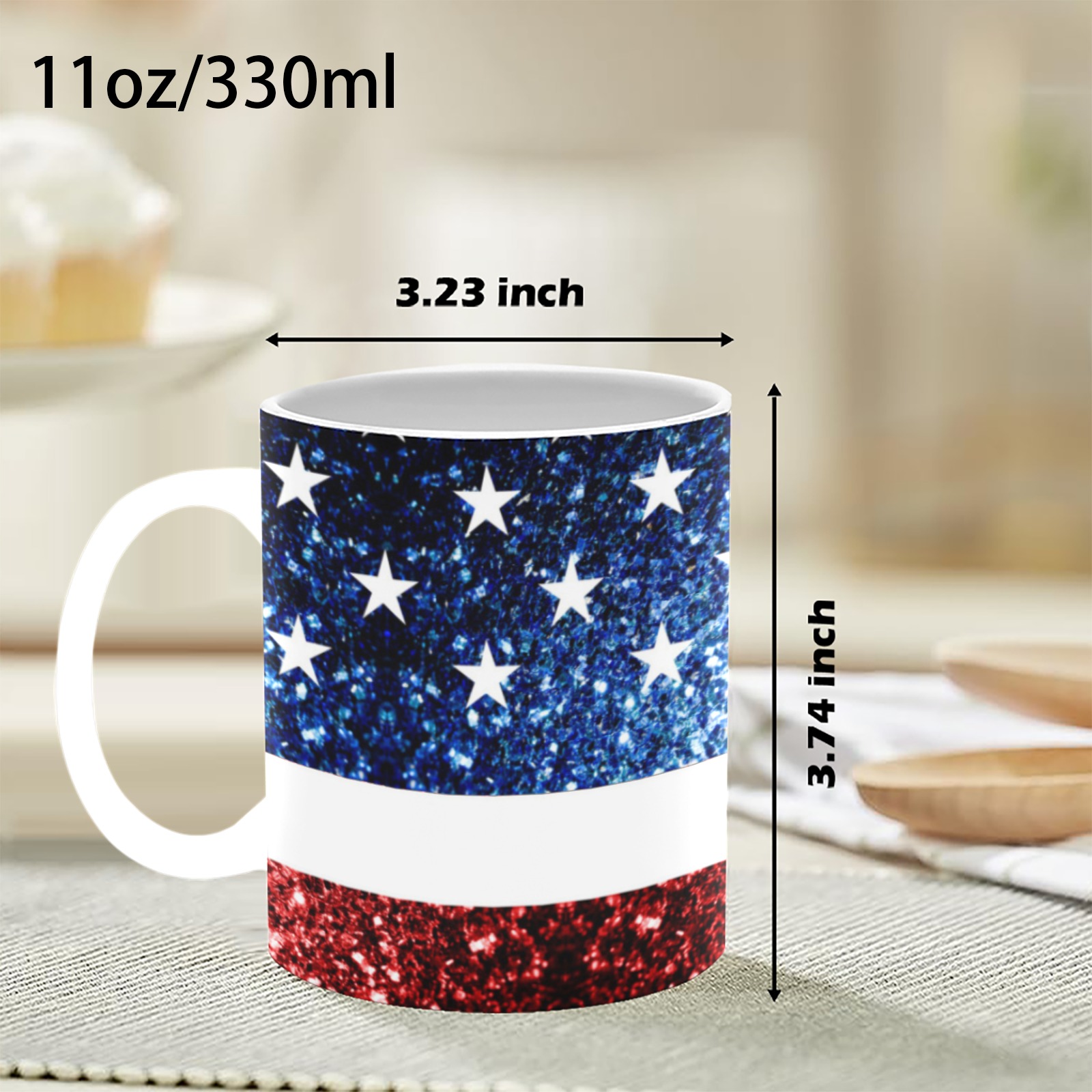 Sparkly USA flag America Red White Blue faux Sparkles patriotic bling 4th of July Custom White Mug (11oz)