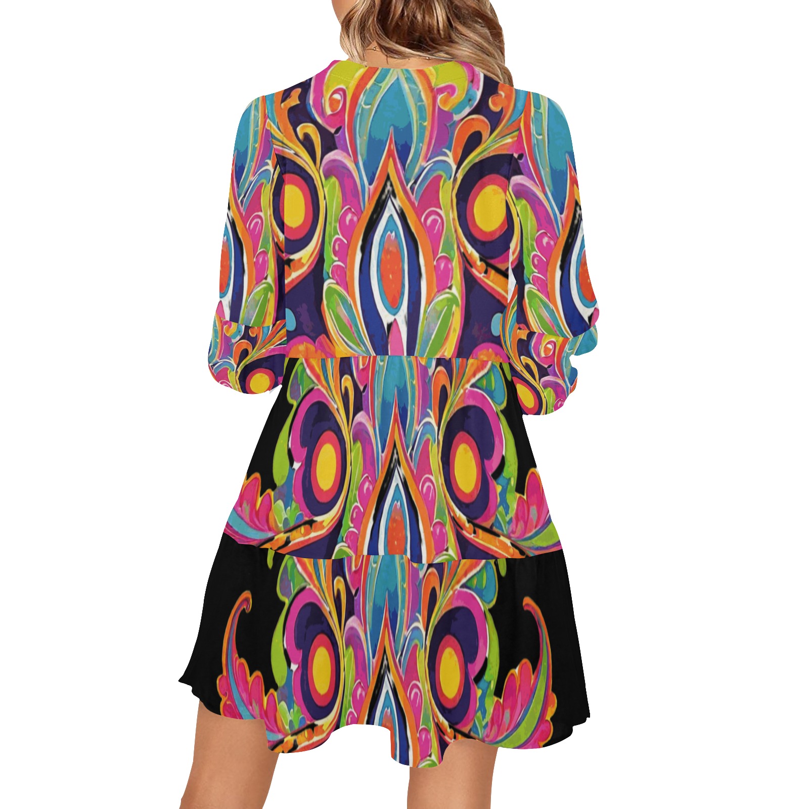 Abstract Retro Hippie Floral Paisley V-Neck Loose Fit Dress (Model D62)