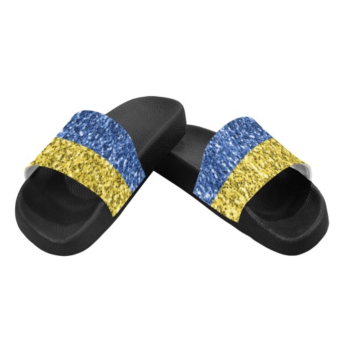 Blue yellow Ukraine flag glitter faux sparkles Women's Slide Sandals (Model 057)