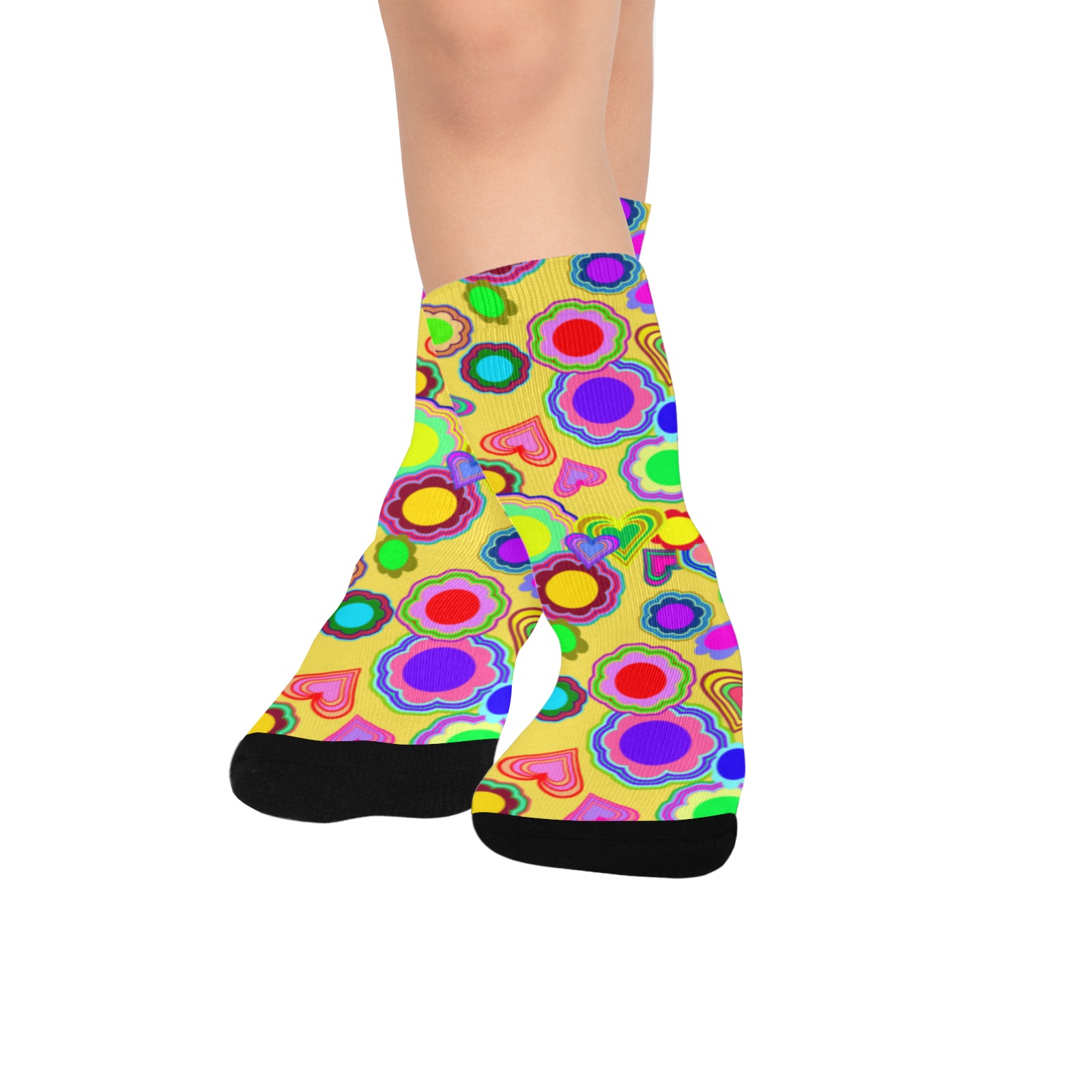 Groovy Hearts and Flowers Yellow Custom Socks for Kids