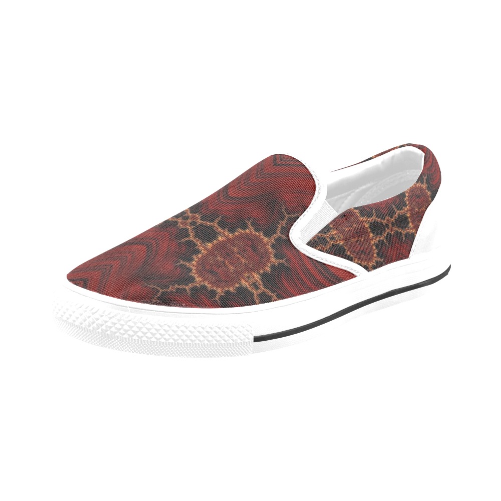 Rubies and Gold on Red Satin Fractal Abstract Women's Slip-on Canvas Shoes (Model 019)