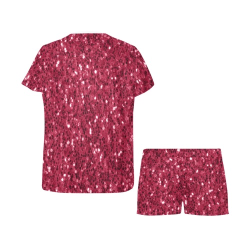 Magenta dark pink red faux sparkles glitter Women's Short Pajama Set