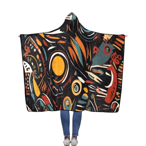 Tribal pattern of colorful shapes on black. Flannel Hooded Blanket 56''x80''