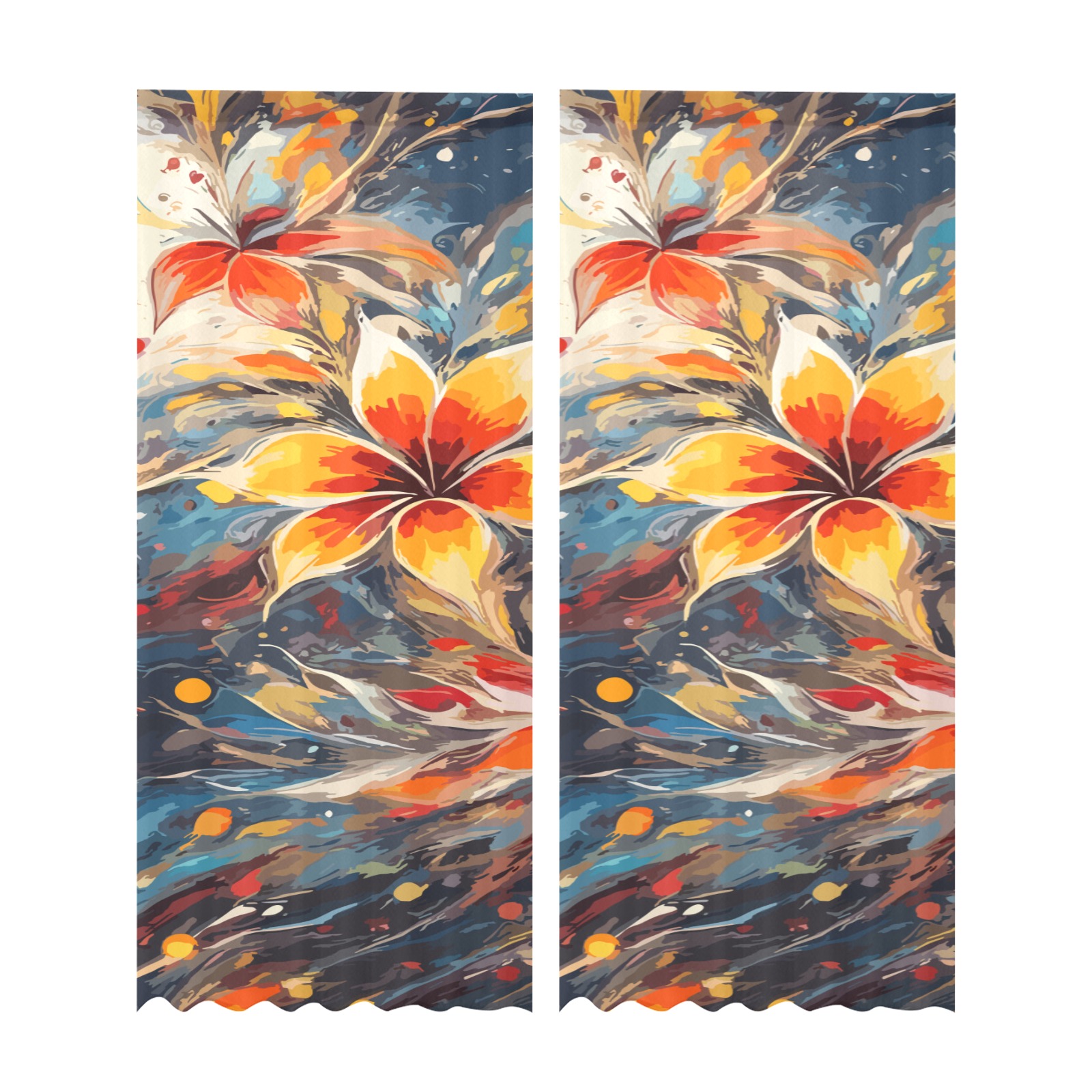 Fantasy colorful flowers on bluish background. Gauze Curtain 28"x95" (Two-Piece)