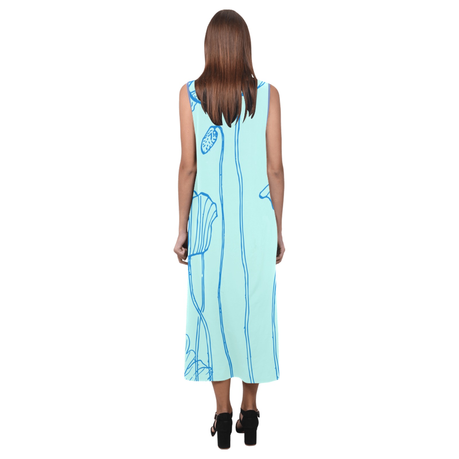 Blue Poppies Long Tank Dress PaleTeal Phaedra Sleeveless Open Fork Long Dress (Model D08)