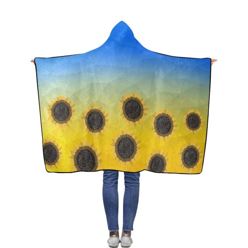 Ukraine yellow blue geometric mesh pattern Sunflowers Flannel Hooded Blanket 40''x50''