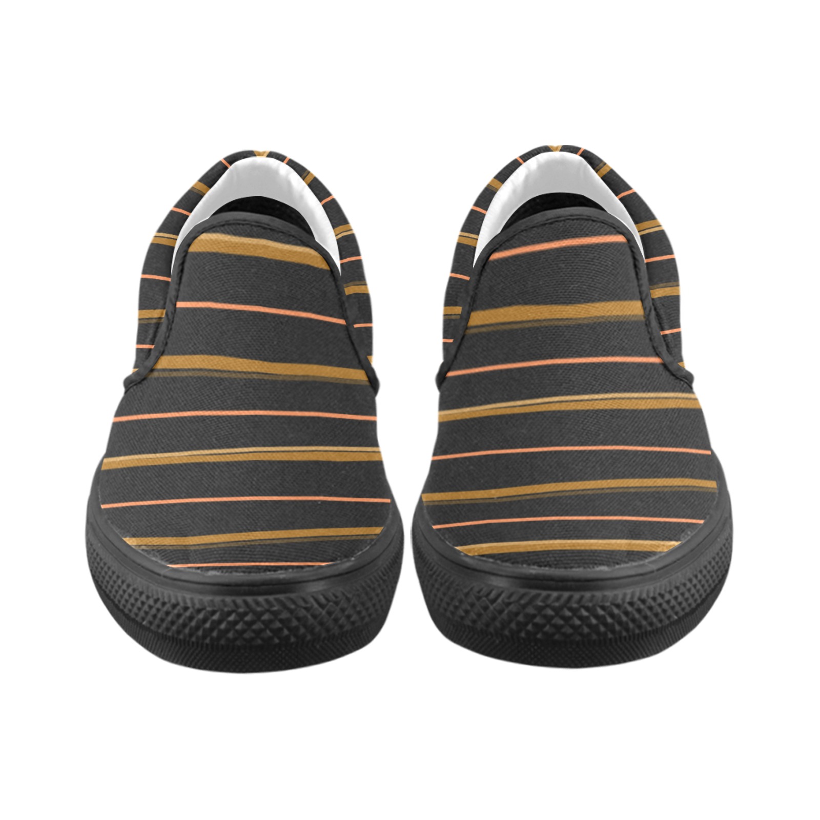 Midecentury Orange Retro Stripes on Black Women's Unusual Slip-on Canvas Shoes (Model 019)