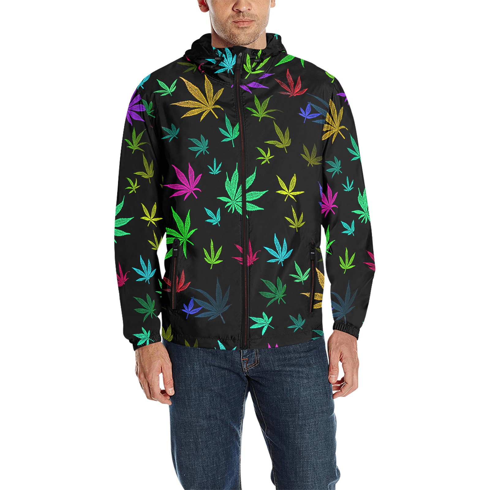 Rainbow Pot Leaves All Over Print Quilted Windbreaker for Men (Model H35)