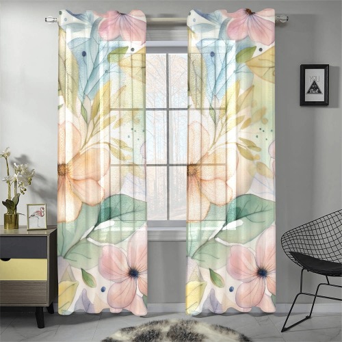 Watercolor Floral 1 Gauze Curtain 28"x84" (Two-Piece)