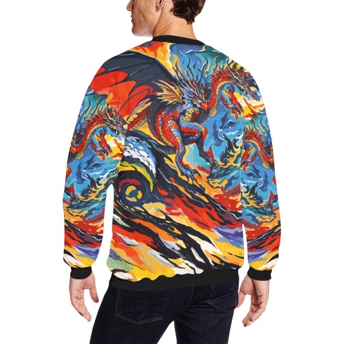 Cool fantasy dragon and waves of fire colorful art Men's Oversized Fleece Crew Sweatshirt (Model H18)