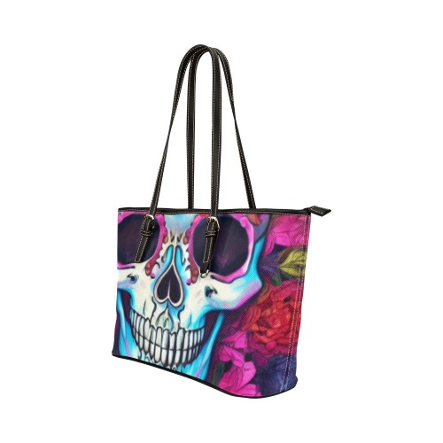 Skull Smiling Face Colorful Tote Bag Leather Tote Bag/Large (Model 1651)