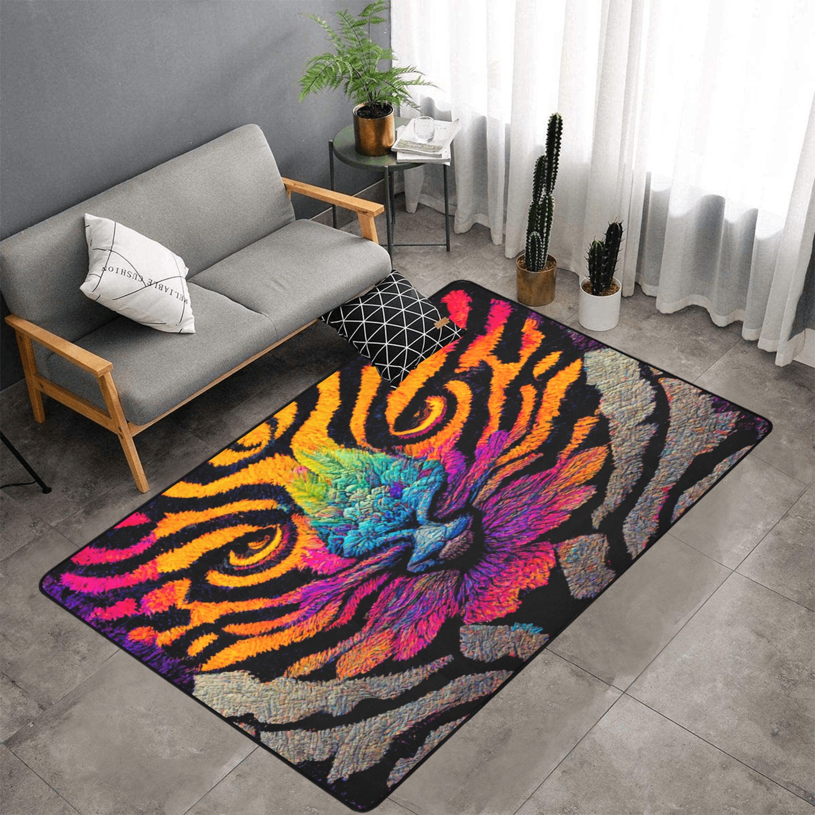psychedelic animal face 2 Area Rug with Black Binding 7'x5'