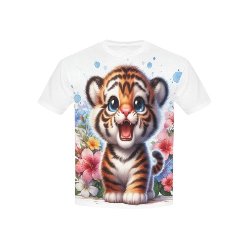 Watercolor Tiger 1 Kids' Mesh Cloth T-Shirt with Solid Color Neck (Model T40)