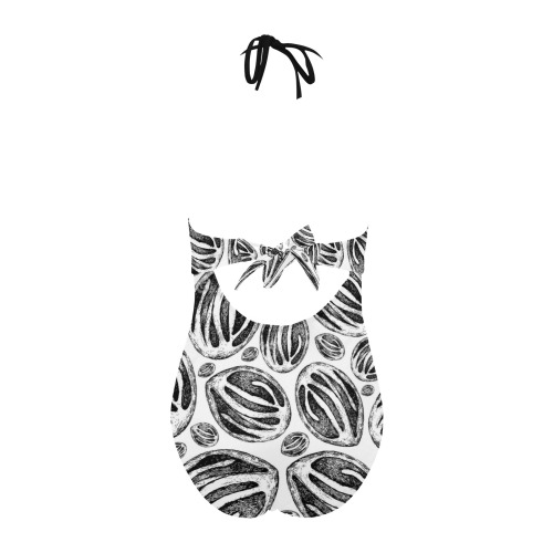 Nutmeg black and white Backless Hollow Out Bow Tie Swimsuit (Model S17)