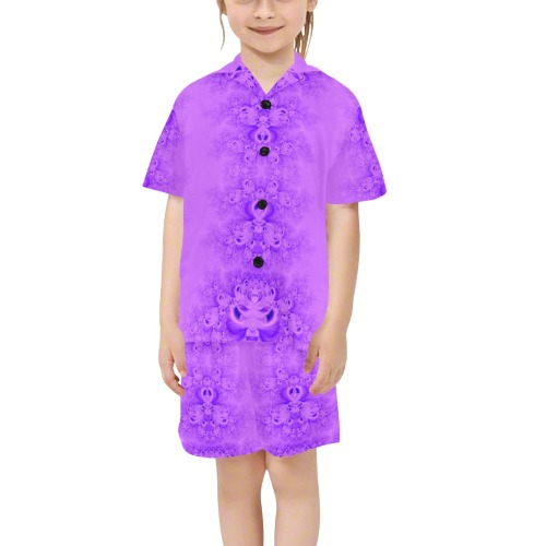 Purple Lilacs Frost Fractal Little Girls' V-Neck Short Pajama Set