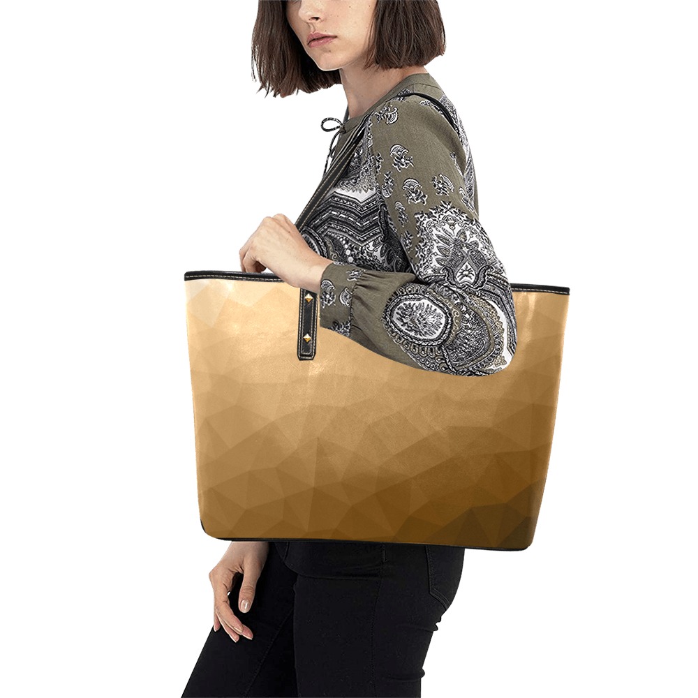 Brown gradient geometric mesh pattern Chic Leather Tote Bag (Model 1709)