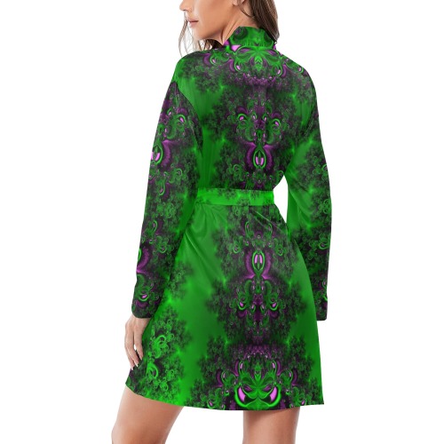 Early Summer Green Frost Fractal Women's Long Sleeve Belted Night Robe